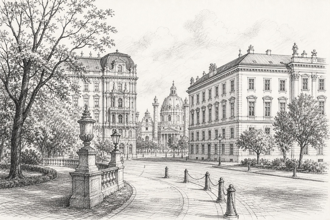 Hand-drawn pencil travel sketch for Innere Stadt, Austria