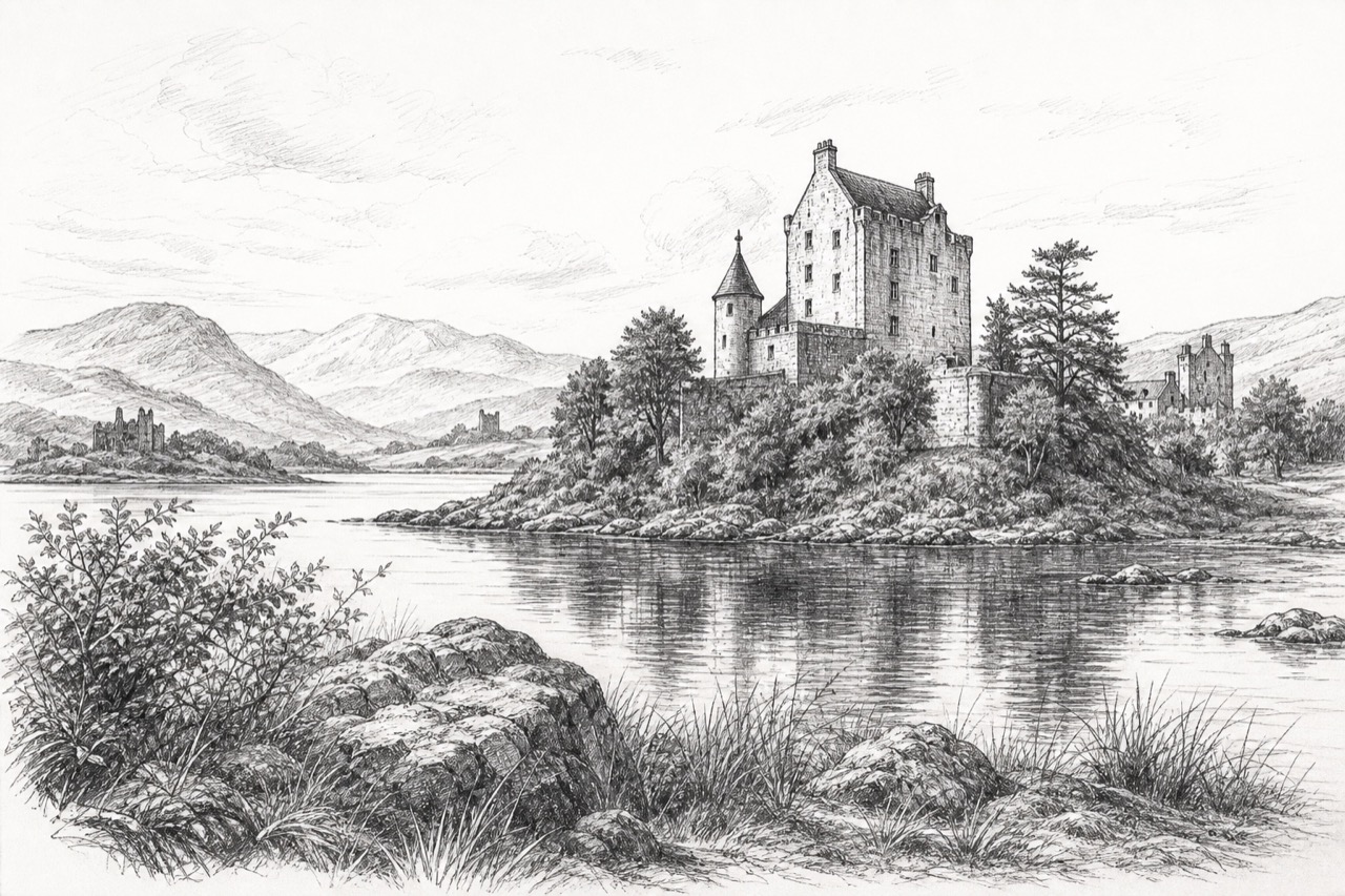 Hand-drawn pencil travel sketch for Inveraray, United Kingdom