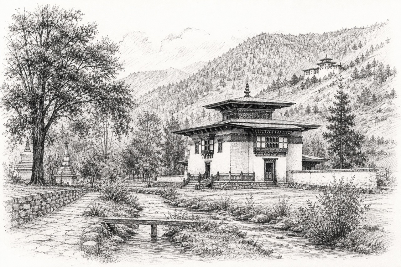 Hand-drawn pencil travel sketch for Jakar, Bhutan