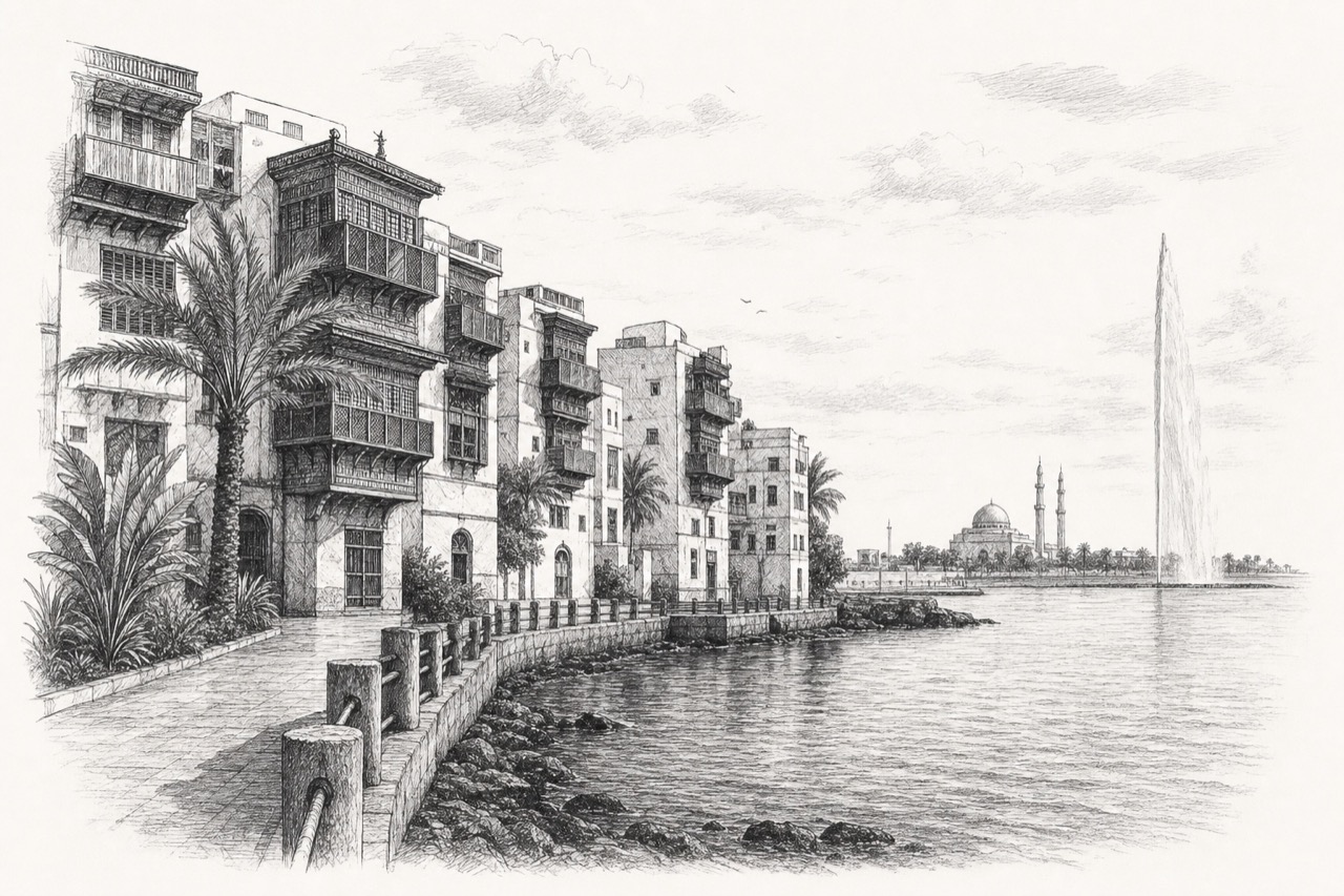 Hand-drawn pencil travel sketch for Jeddah, Saudi Arabia