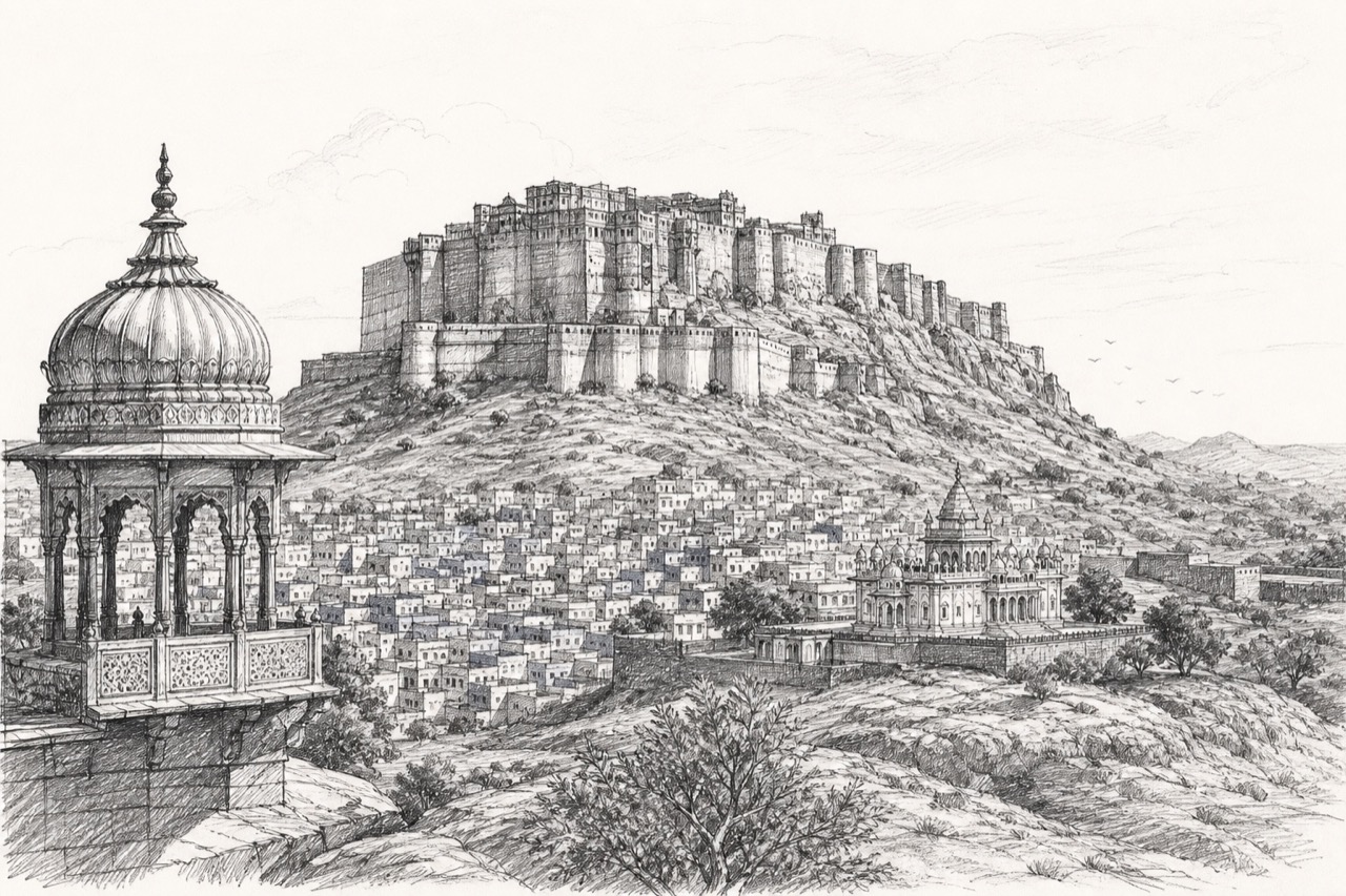 Hand-drawn pencil travel sketch for Jodhpur