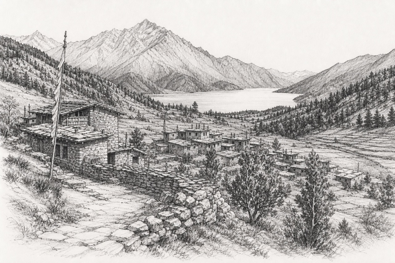 Hand-drawn pencil travel sketch for Jumla, Nepal