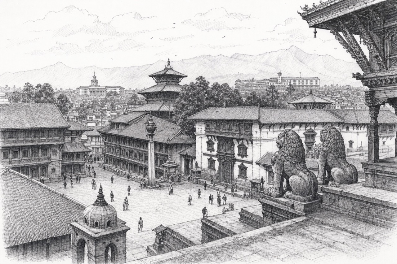 Hand-drawn pencil travel sketch for Kathmandu, Nepal