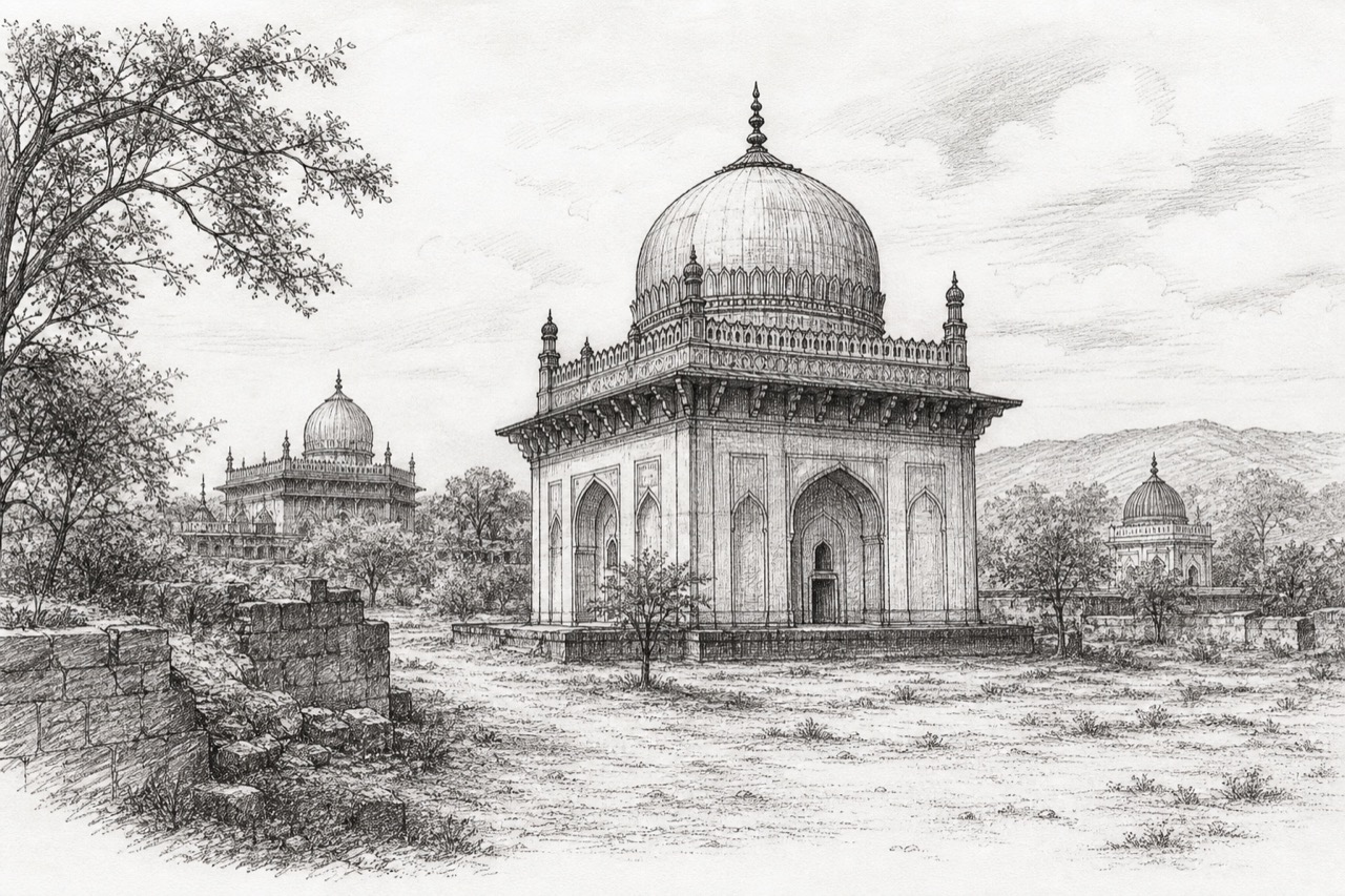 Hand-drawn pencil travel sketch for Khuldābād