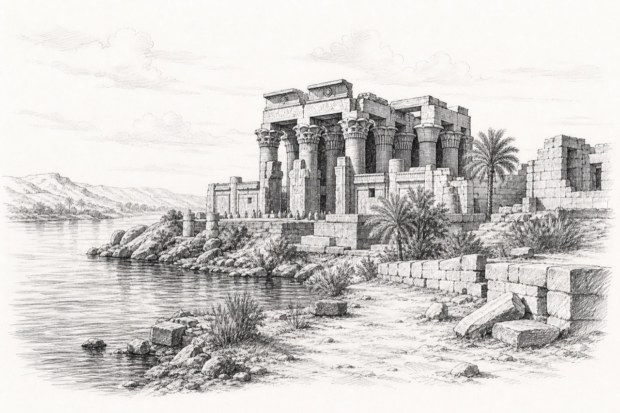 Hand-drawn pencil travel sketch for Kom Ombo, Egypt