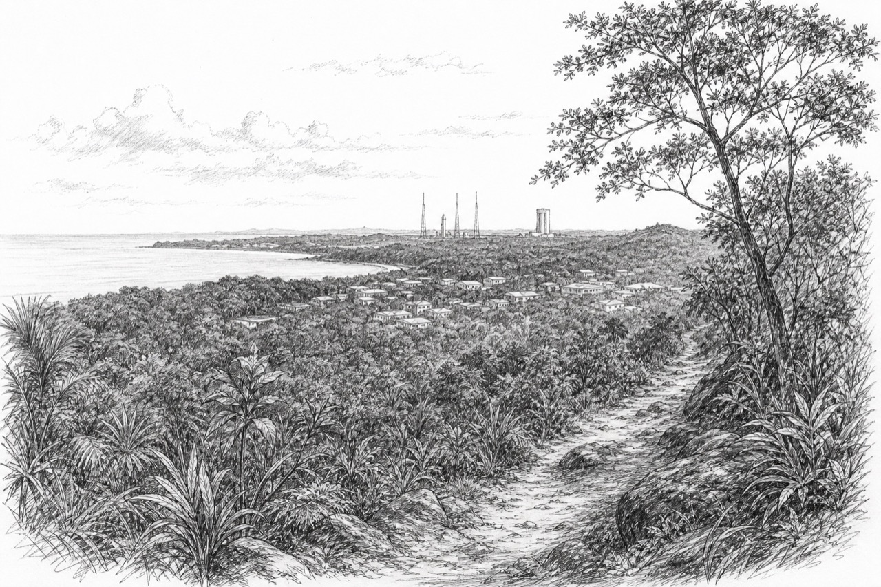 Hand-drawn pencil travel sketch for Kourou, French Guiana