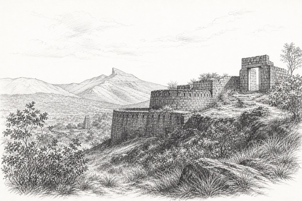 Hand-drawn pencil travel sketch for Kudremukh