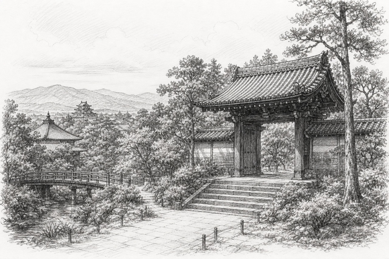 Hand-drawn pencil travel sketch for Kyoto, Japan