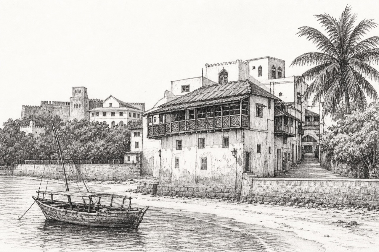 Hand-drawn pencil travel sketch for Lamu, Kenya