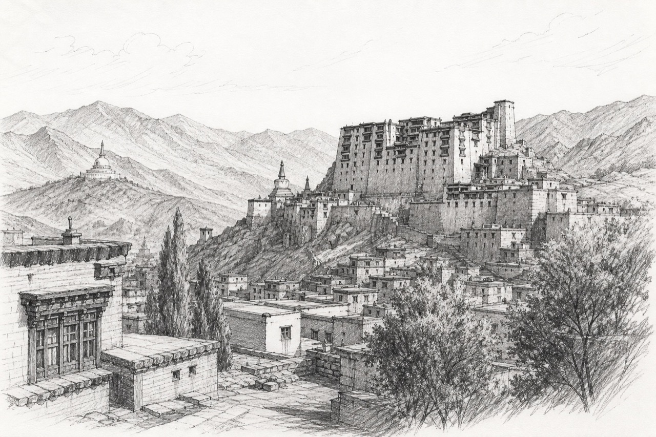 Hand-drawn pencil travel sketch for Leh