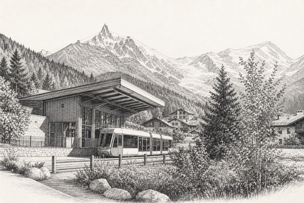 Hand-drawn pencil travel sketch for Les Houches, France