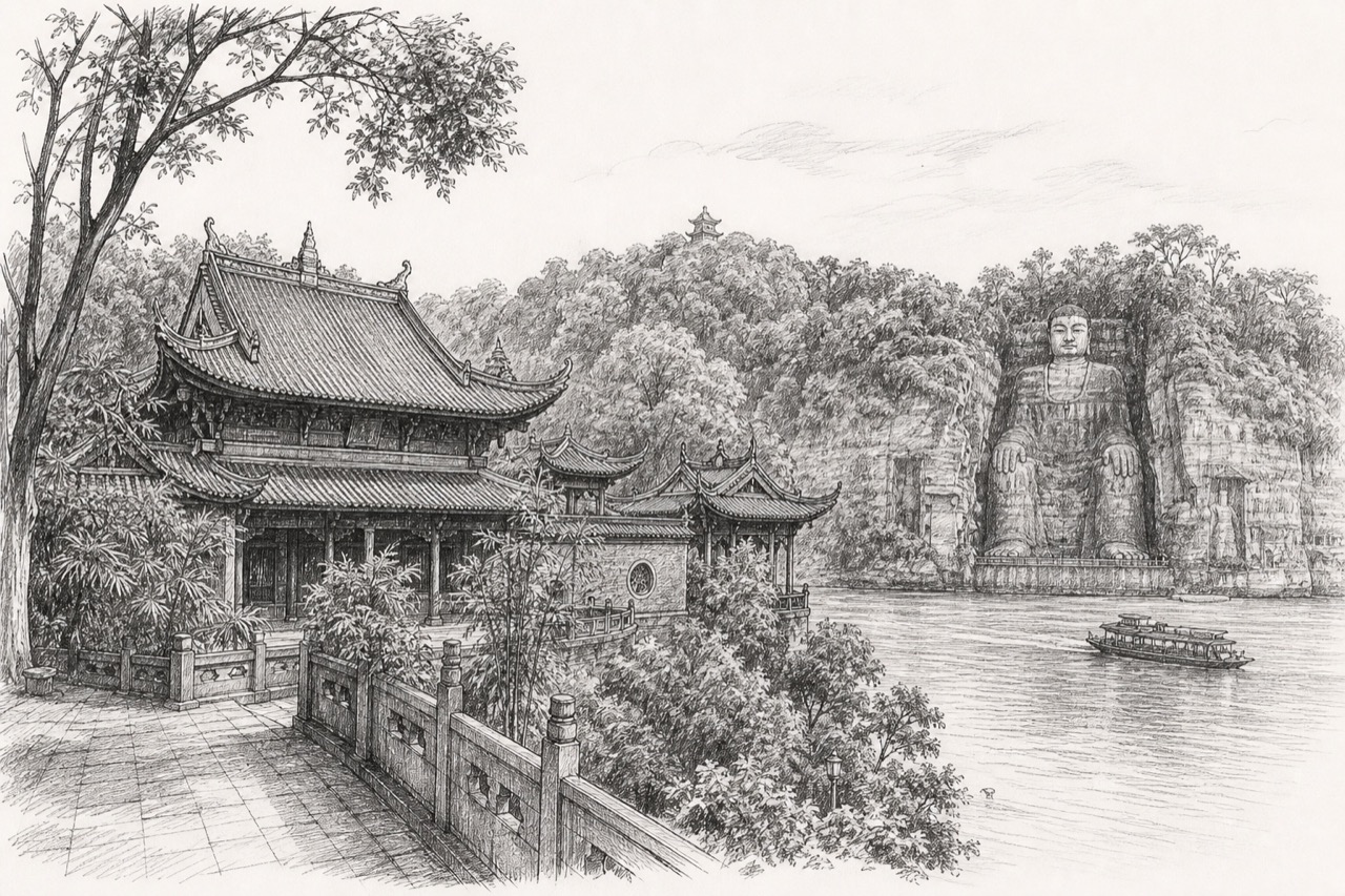 Hand-drawn pencil travel sketch for Leshan, China