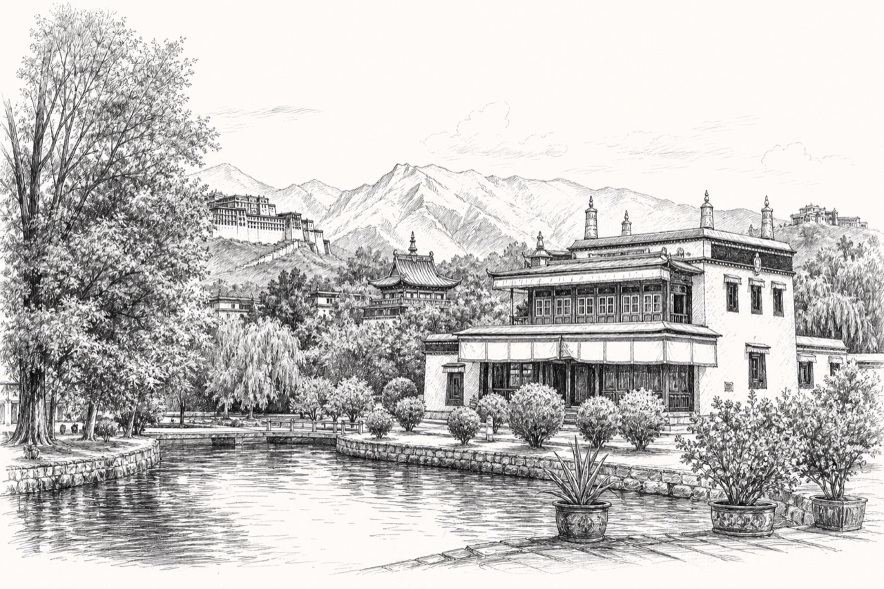 Hand-drawn pencil travel sketch for Lhasa, China