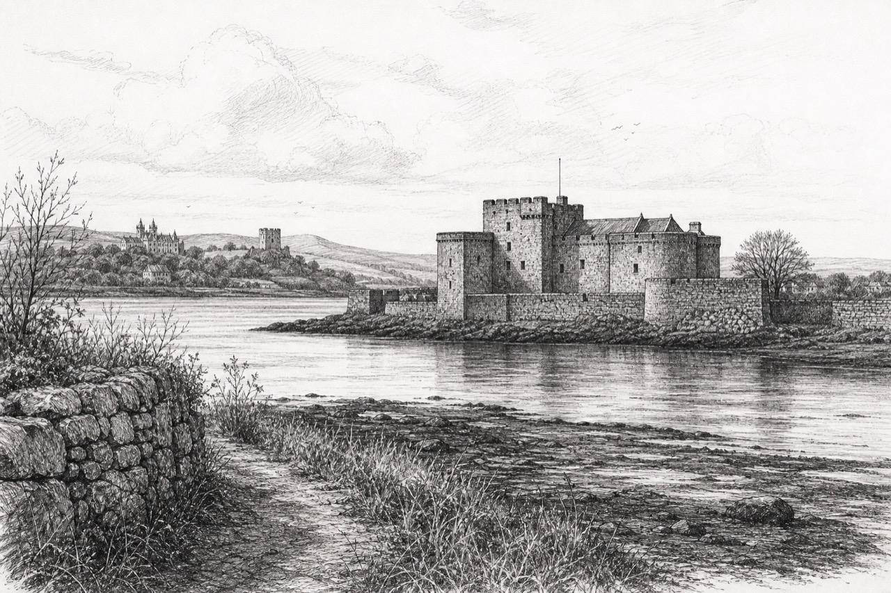 Hand-drawn pencil travel sketch for Limekilns, United Kingdom