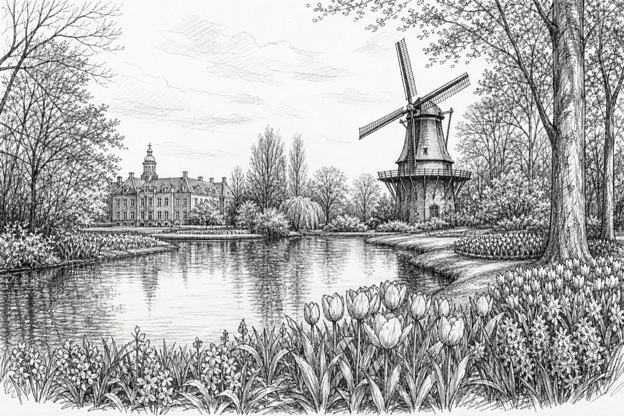 Hand-drawn pencil travel sketch for Lisse, Netherlands