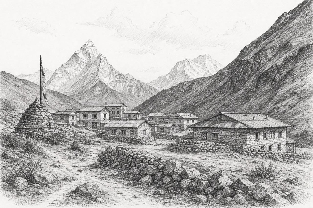 Hand-drawn pencil travel sketch for Lobuche, Nepal