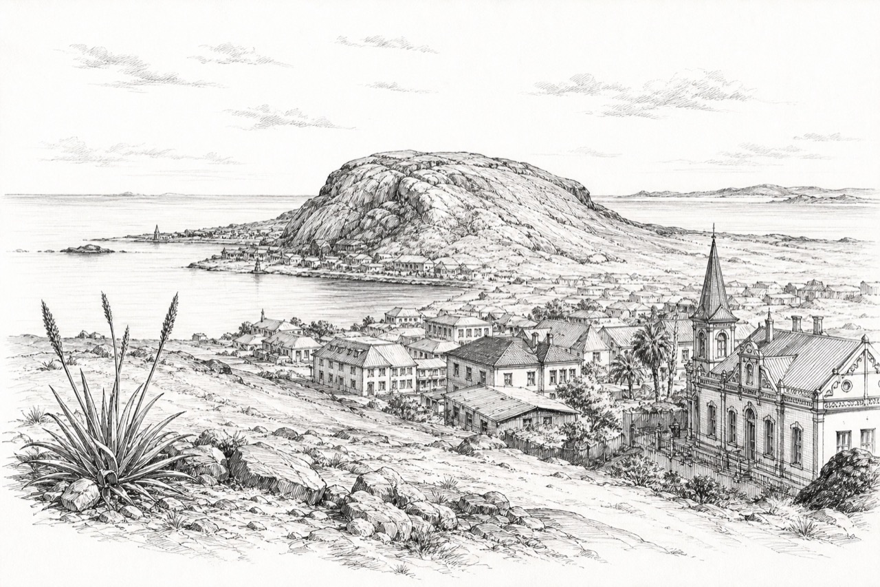 Hand-drawn pencil travel sketch for Lüderitz, Namibia