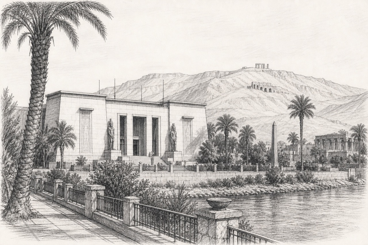 Hand-drawn pencil travel sketch for Luxor, Egypt