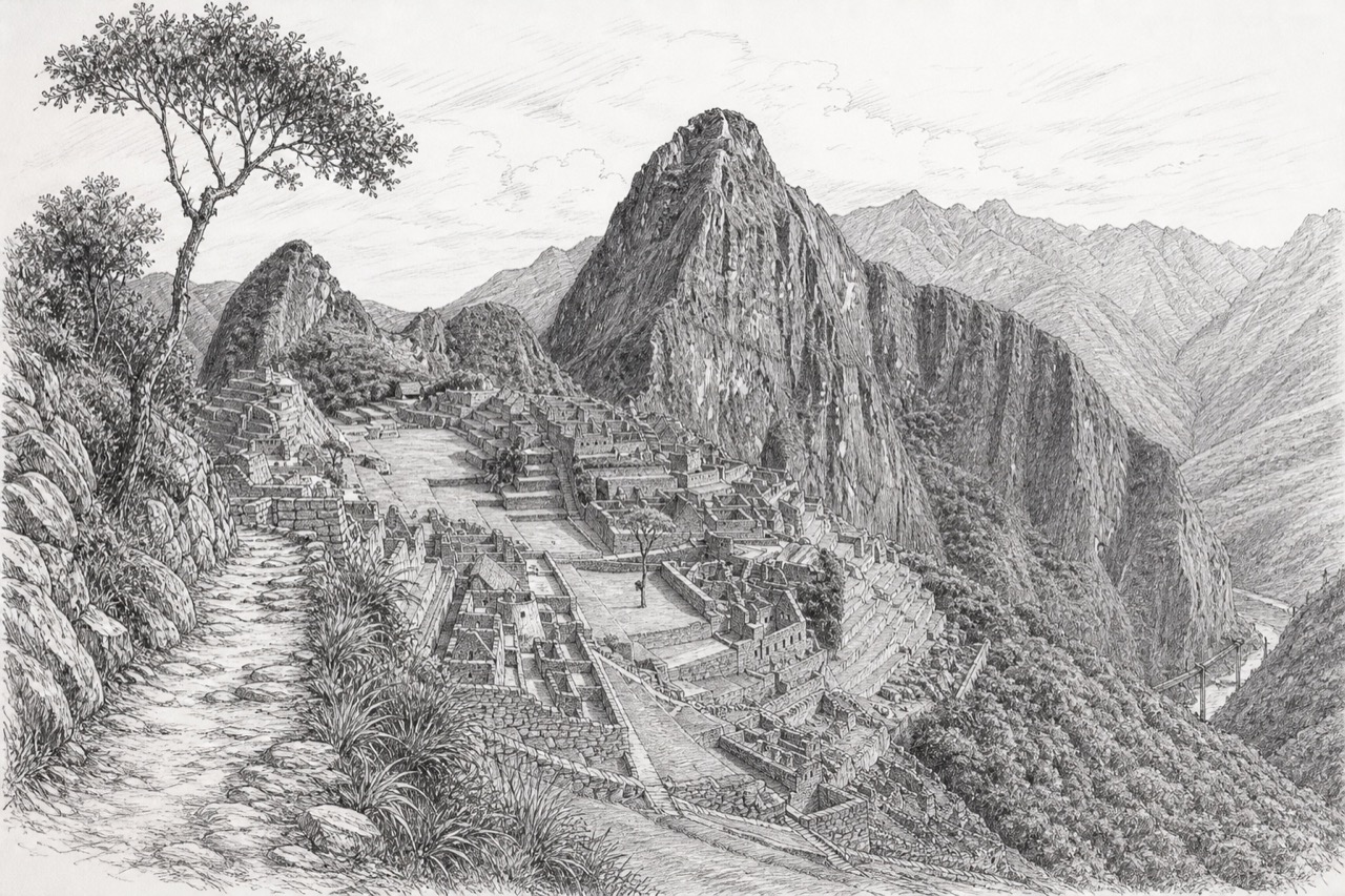 Hand-drawn pencil travel sketch for Machupicchu, Peru