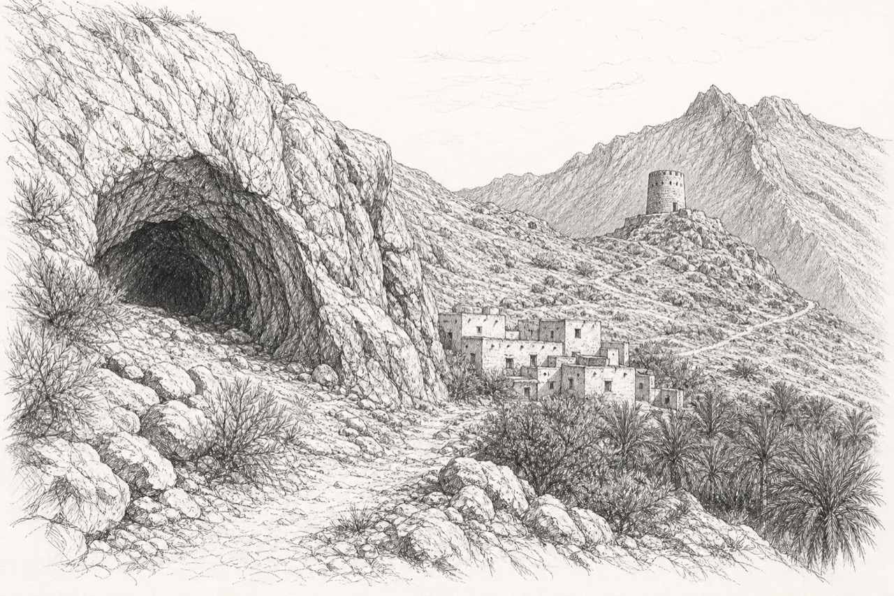 Hand-drawn pencil travel sketch for Madḩā’, Oman