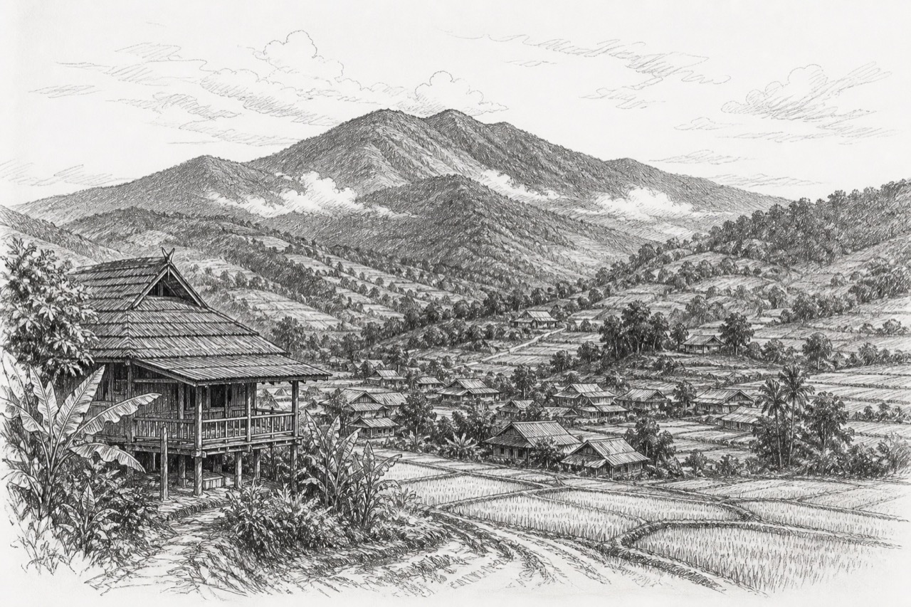Hand-drawn pencil travel sketch for Mae Chaem, Thailand