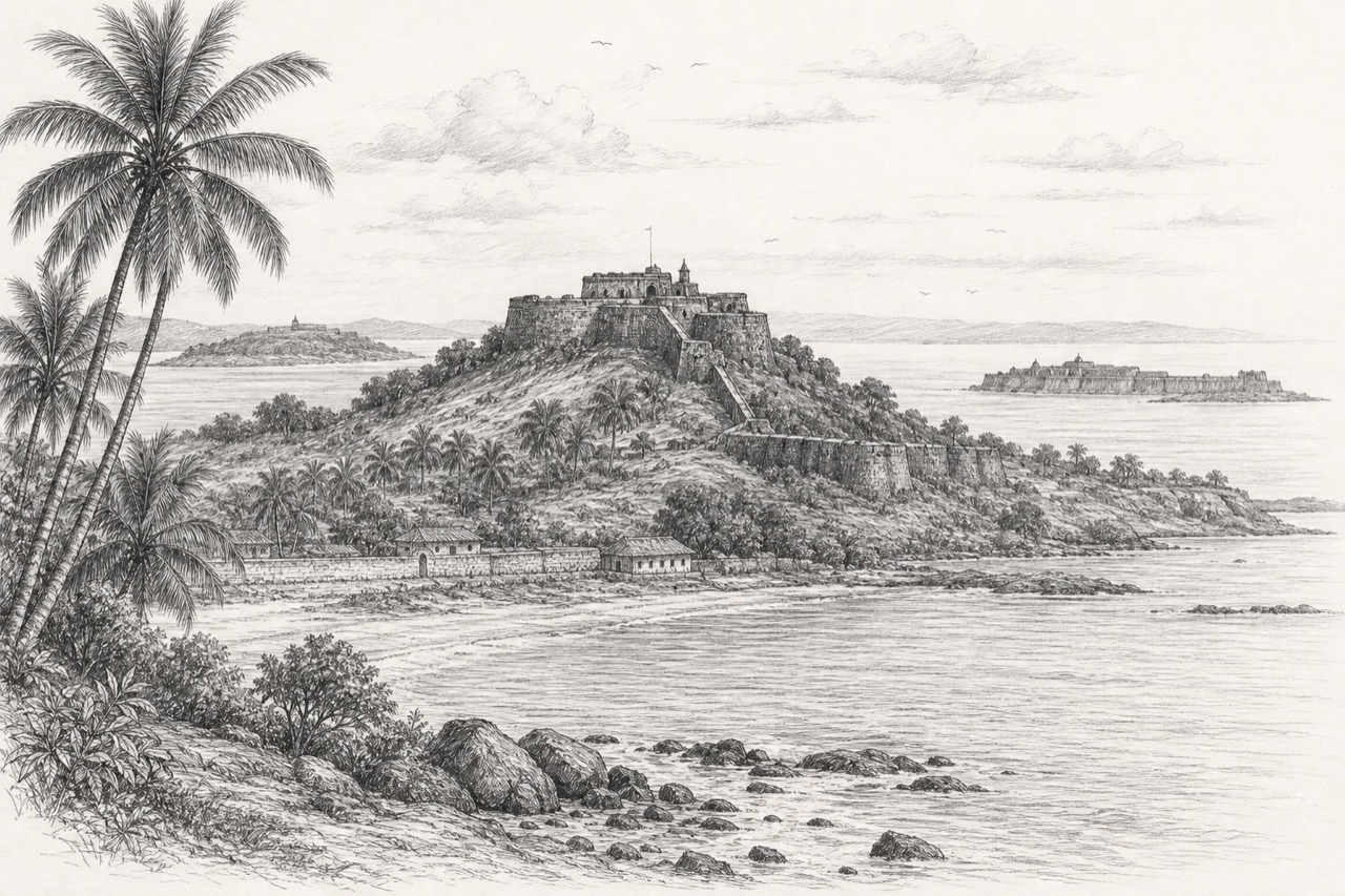Hand-drawn pencil travel sketch for Mālvan