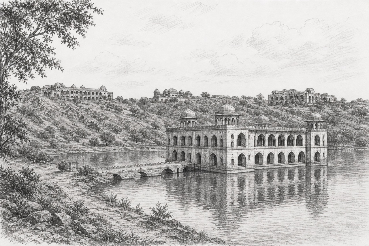 Hand-drawn pencil travel sketch for Māndu