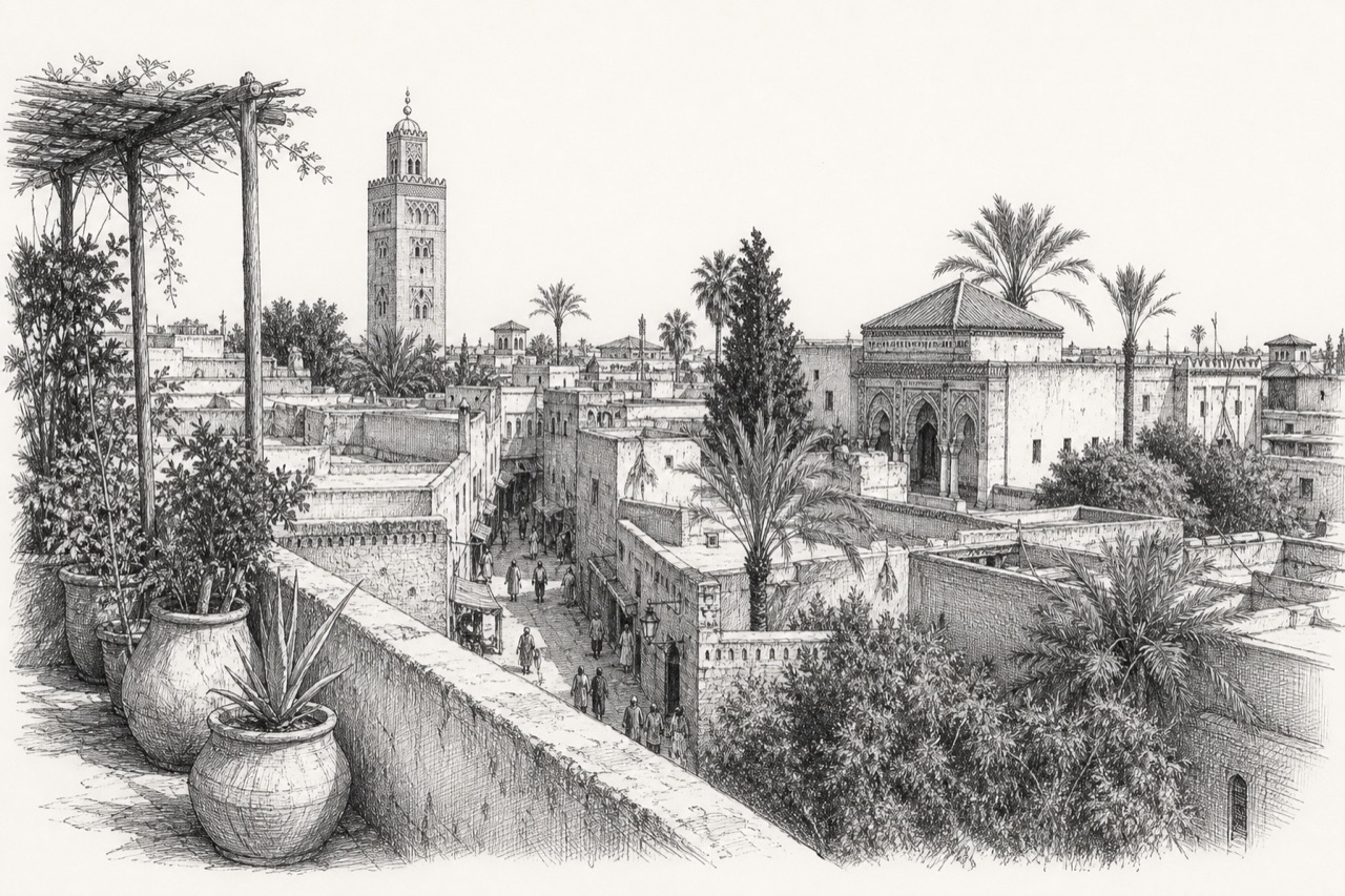 Hand-drawn pencil travel sketch for Marrakesh, Morocco