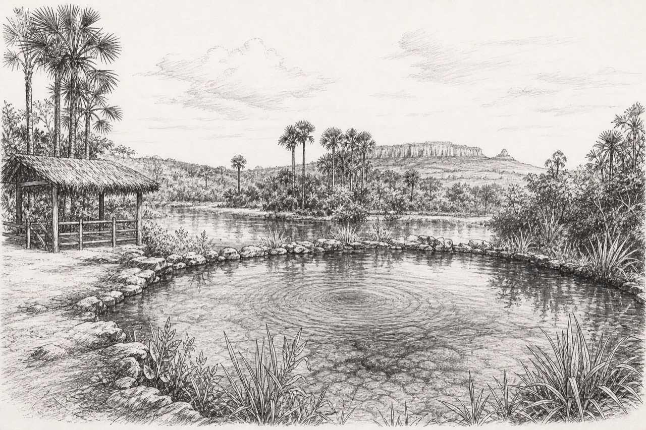 Hand-drawn pencil travel sketch for Mateiros, Brazil