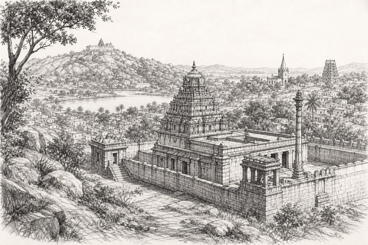 Hand-drawn pencil travel sketch for Melukote