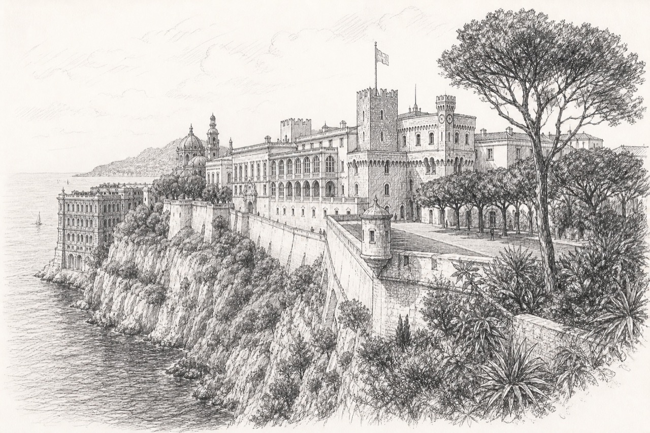 Hand-drawn pencil travel sketch for Monaco-Ville, Monaco