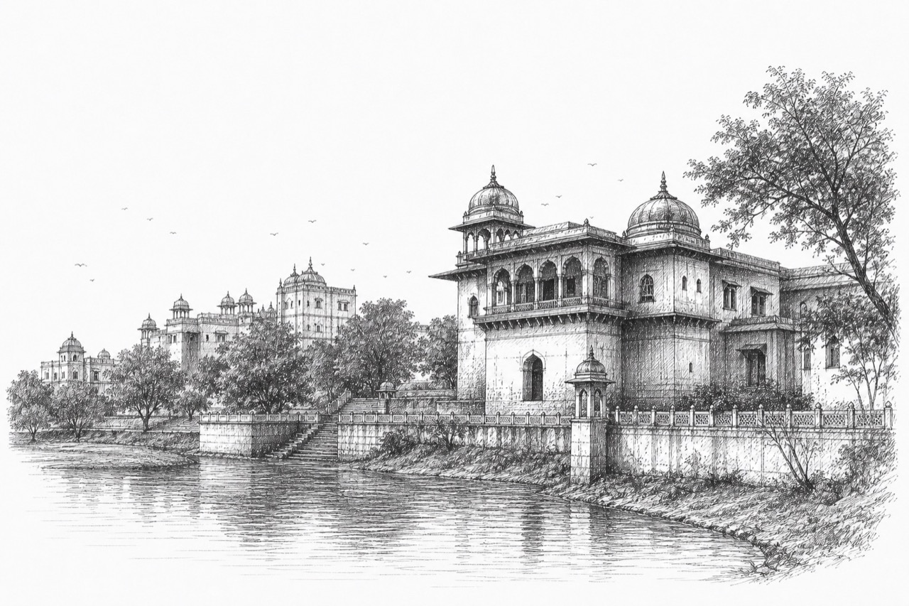 Hand-drawn pencil travel sketch for Morār, India