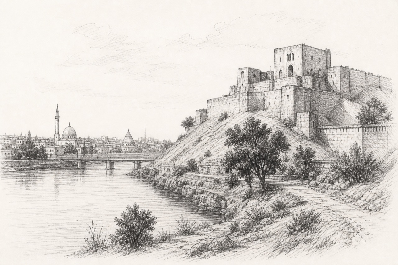 Hand-drawn pencil travel sketch for Mosul, Iraq