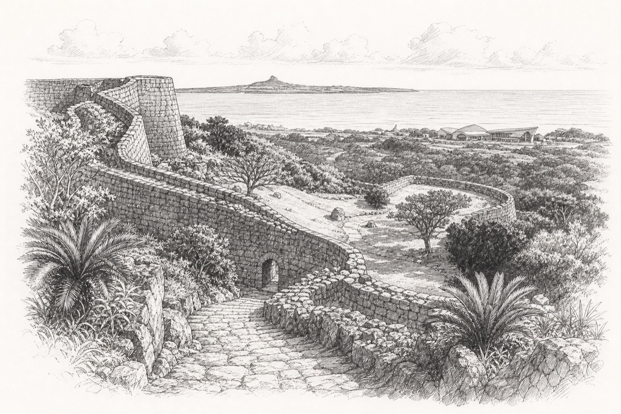 Hand-drawn pencil travel sketch for Motobu, Japan