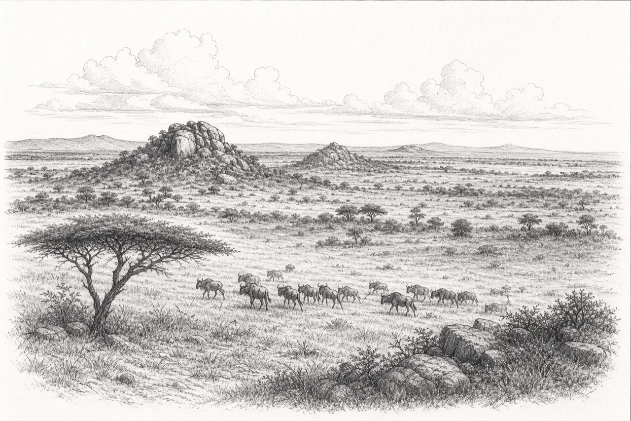 Hand-drawn pencil travel sketch for Mugumu, Tanzania