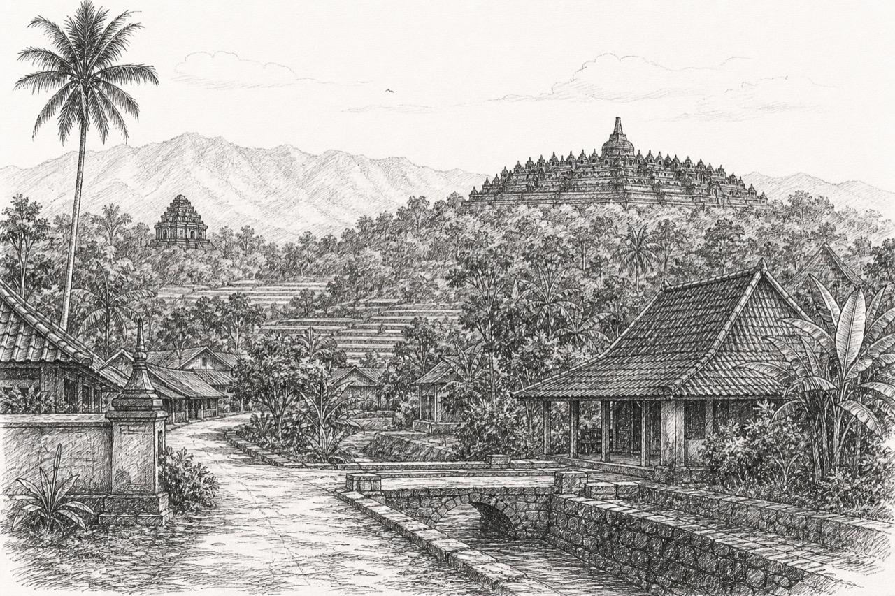 Hand-drawn pencil travel sketch for Mungkid, Indonesia