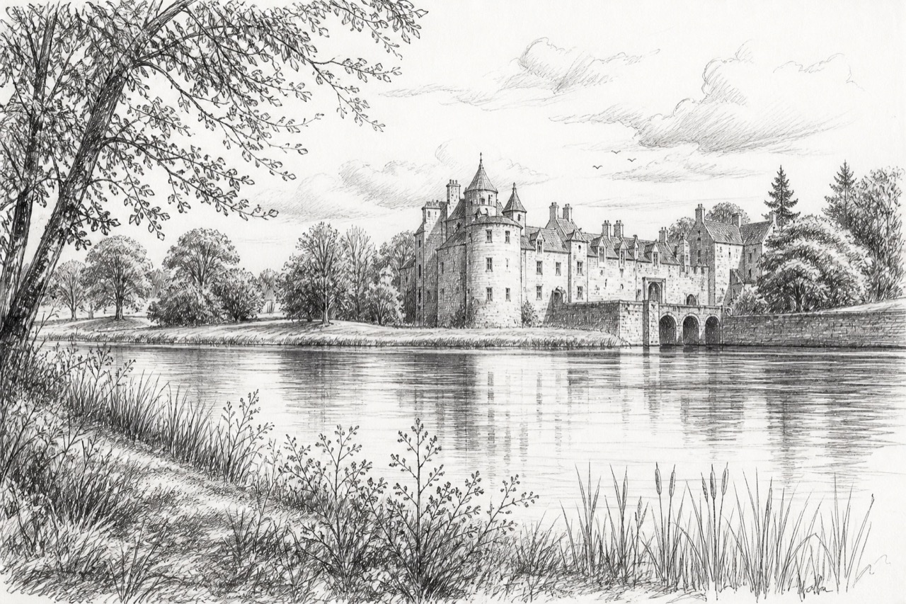 Hand-drawn pencil travel sketch for Muthill, United Kingdom