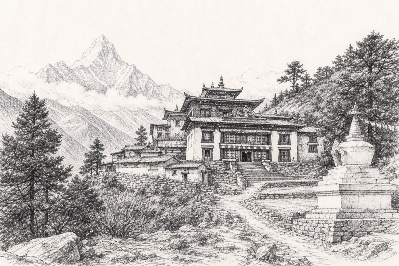 Hand-drawn pencil travel sketch for Namche Bazaar, Nepal