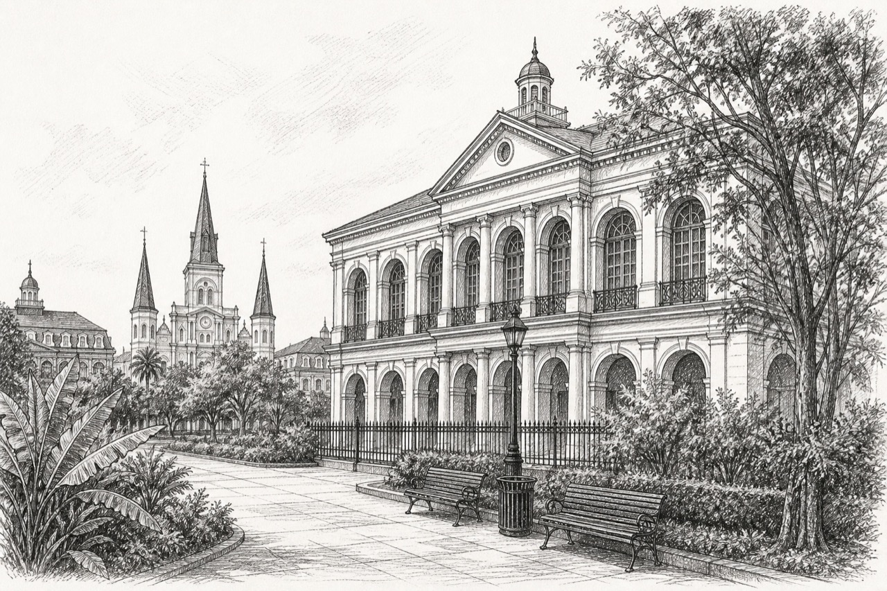 Hand-drawn pencil travel sketch for New Orleans, United States
