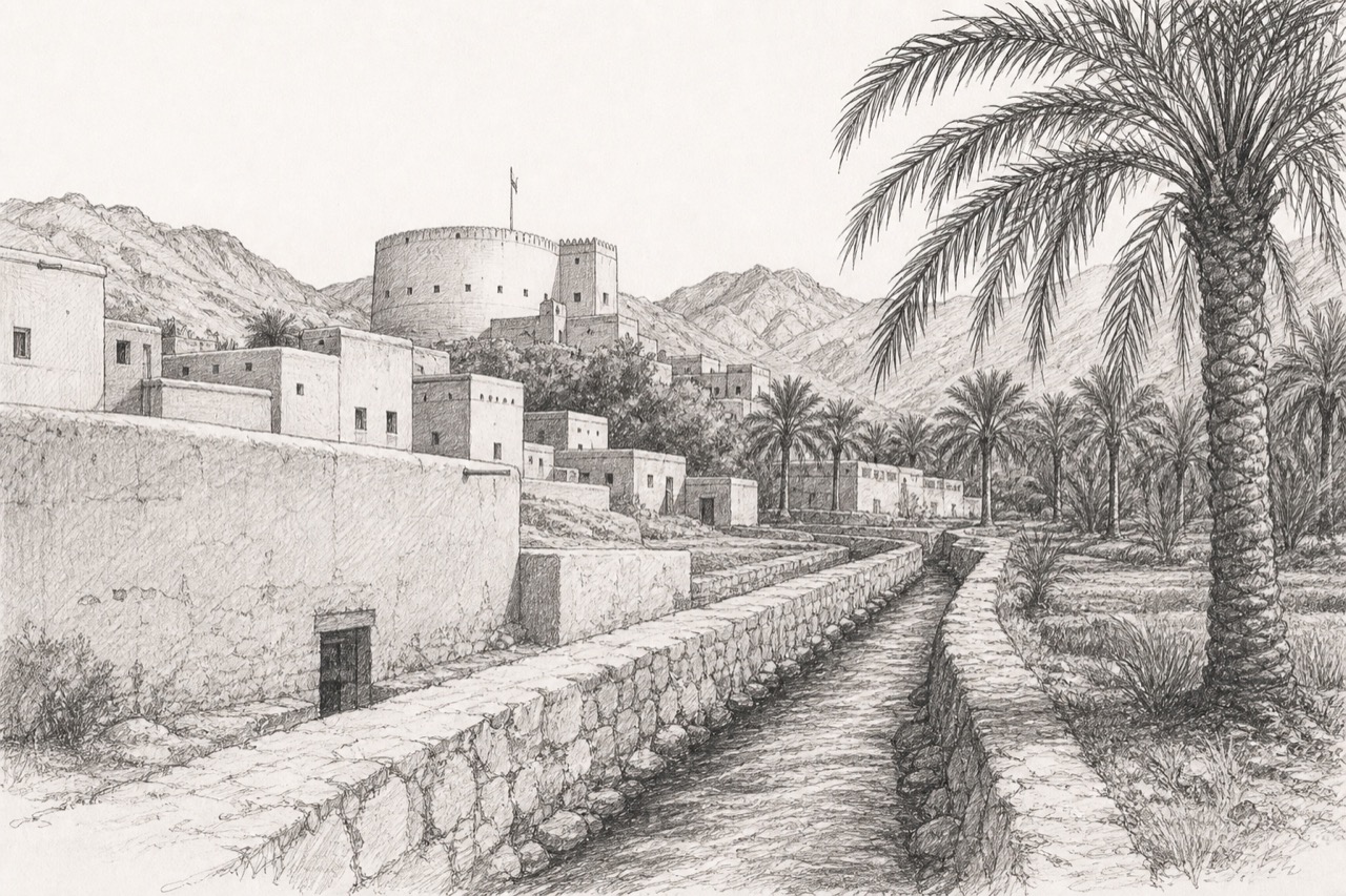 Hand-drawn pencil travel sketch for Nizwá, Oman
