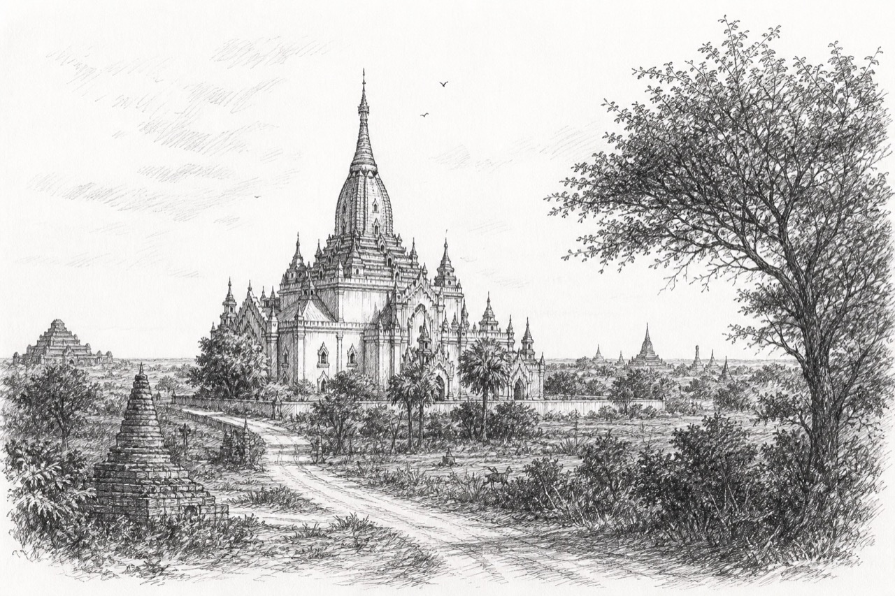 Hand-drawn pencil travel sketch for Nyaung-U, Myanmar (Burma)