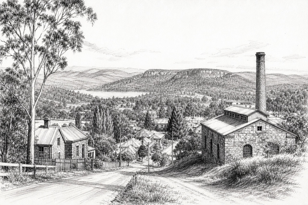 Hand-drawn pencil travel sketch for Oberon, Australia