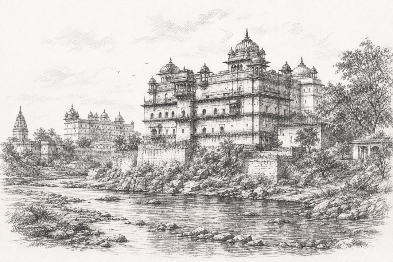 Hand-drawn pencil travel sketch for Orchha