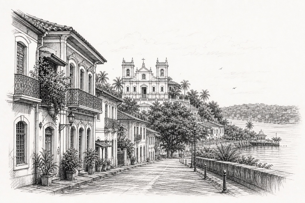 Hand-drawn pencil travel sketch for Panjim