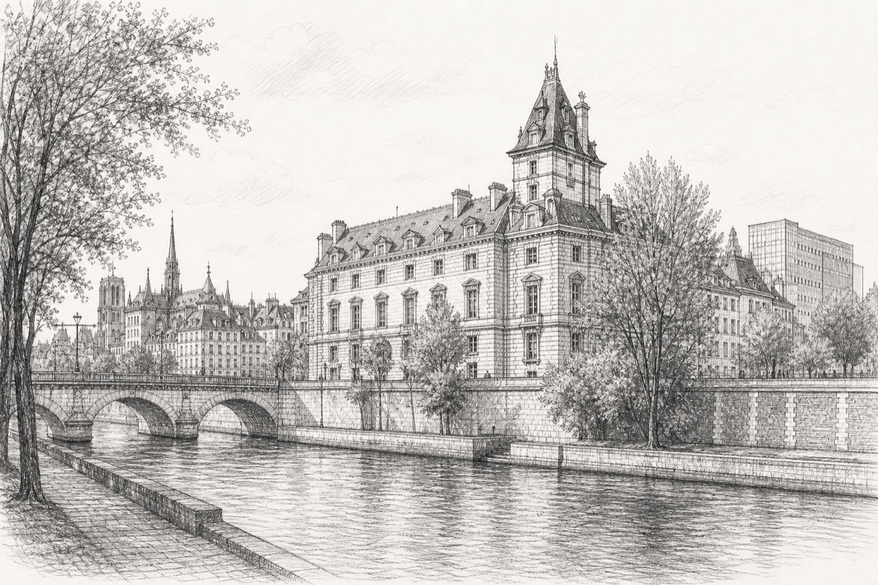Hand-drawn pencil travel sketch for Paris, France