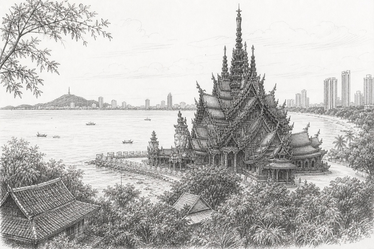 Hand-drawn pencil travel sketch for Pattaya, Thailand