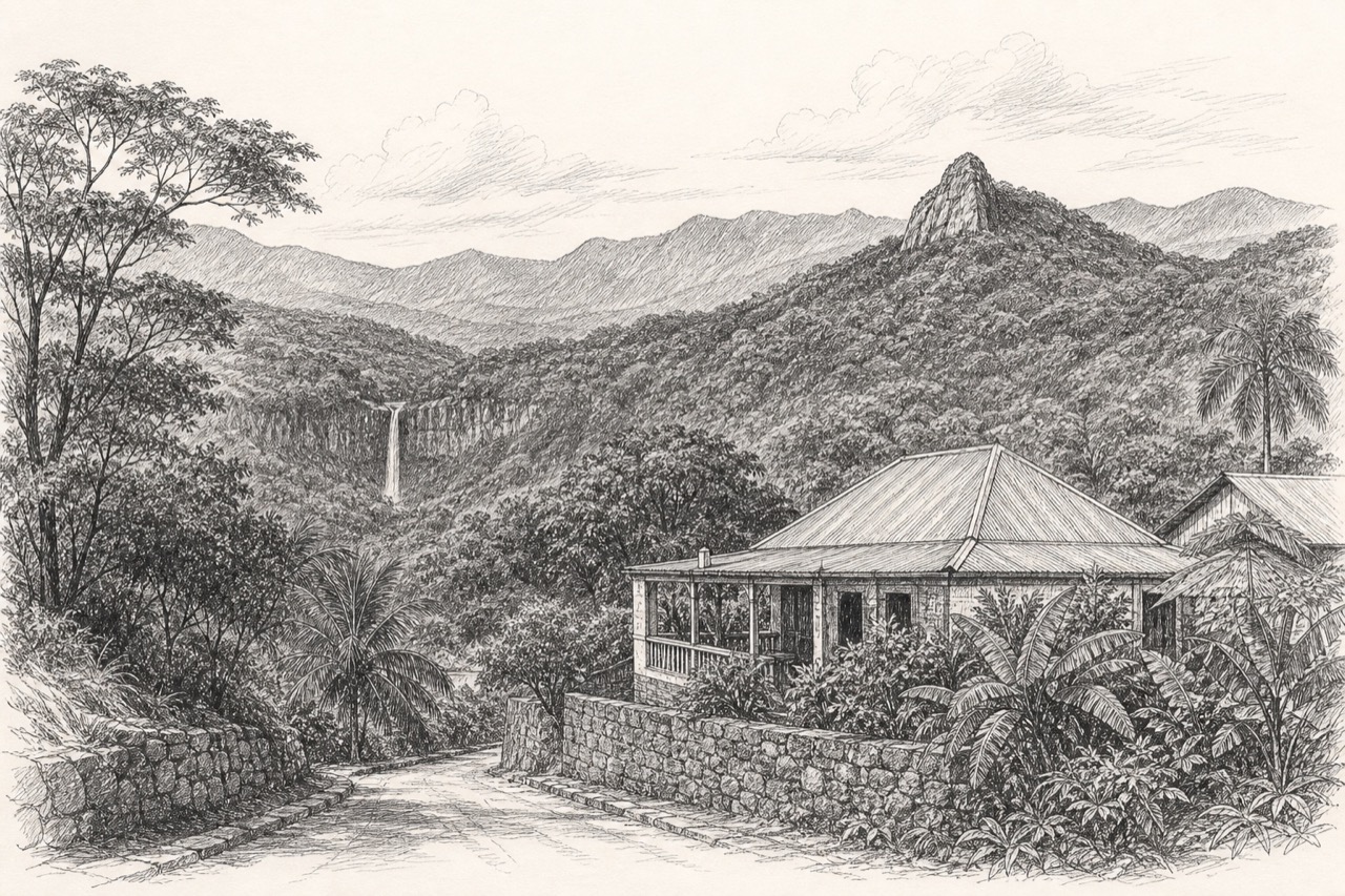 Hand-drawn pencil travel sketch for Petite Case Noyale, Mauritius