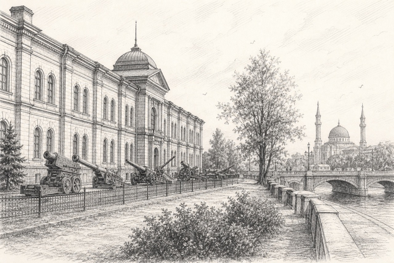 Hand-drawn pencil travel sketch for Petrogradka, Russia