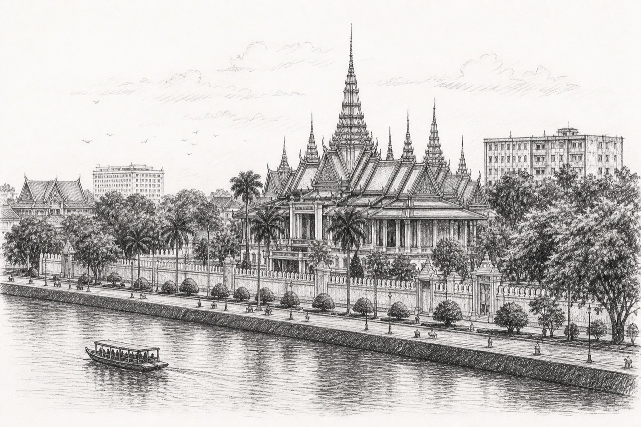 Hand-drawn pencil travel sketch for Phnom Penh, Cambodia