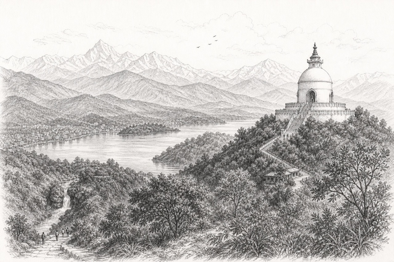 Hand-drawn pencil travel sketch for Pokhara, Nepal